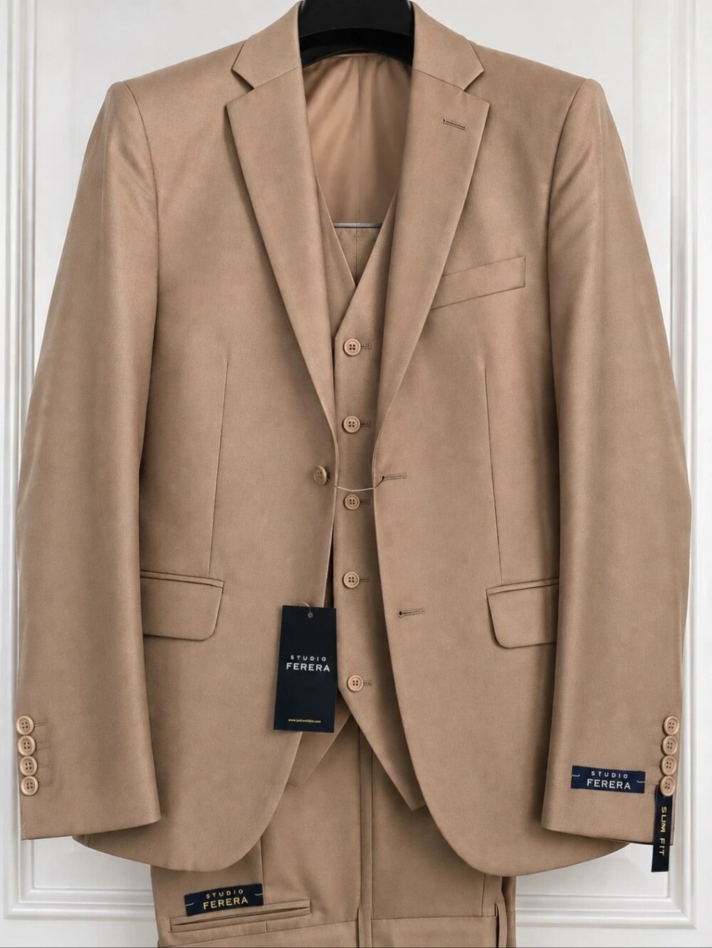 Men's Tan Three-Piece Suit - Tailored Wool-Blend